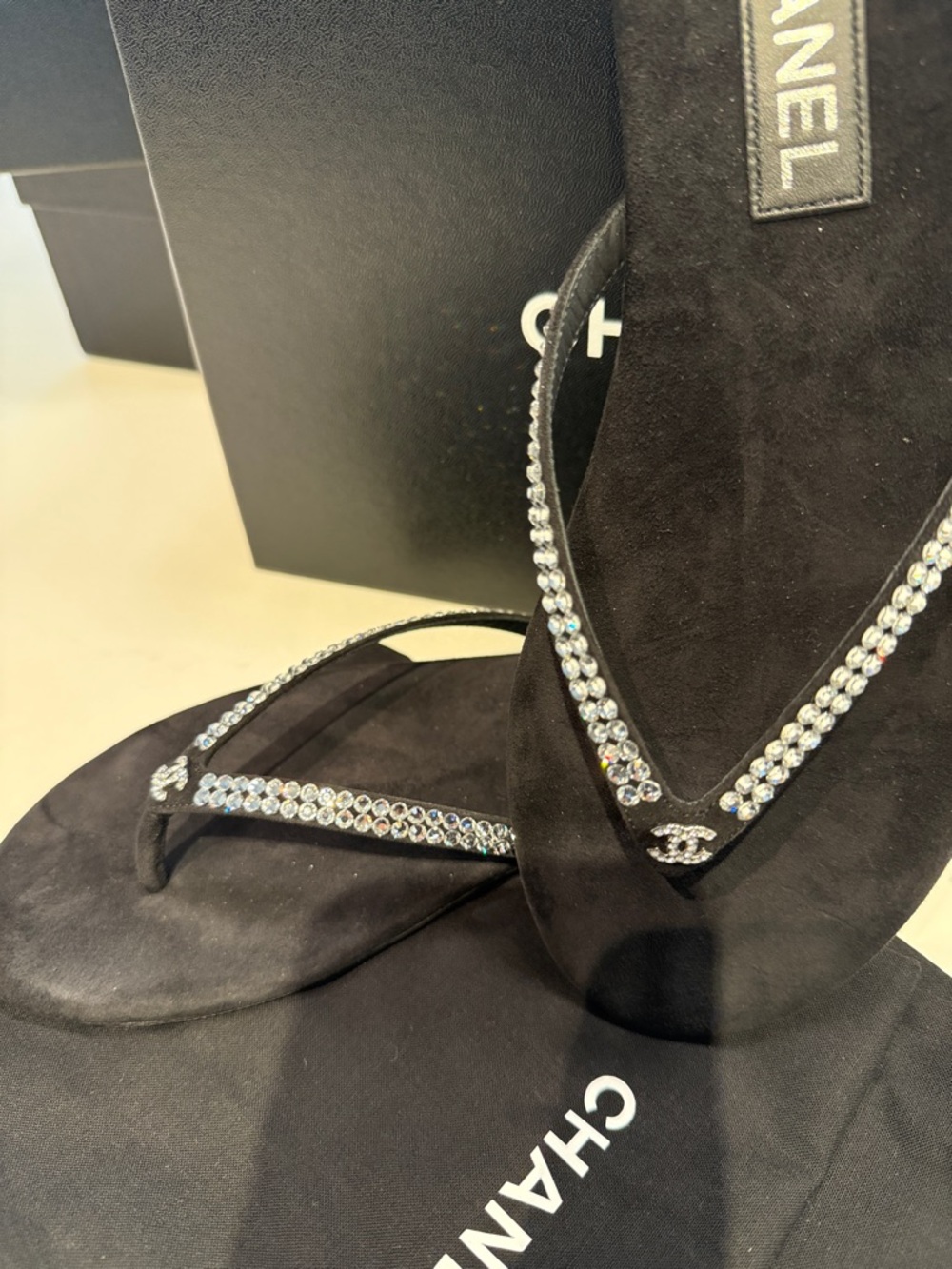 CHANEL Black Suede Crystal-Strap Thong Sandals - Picture 4 of 8